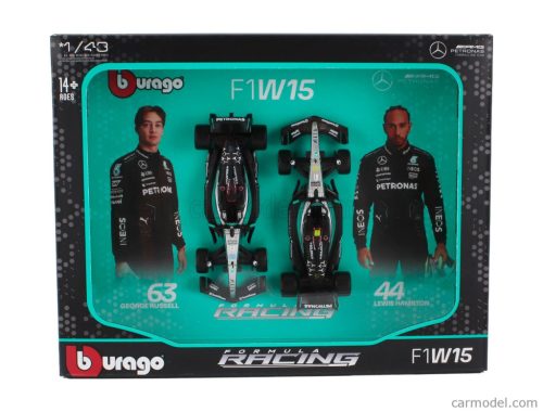 MERCEDES GP  SET F1  2X W15 TEAM MERCEDES-AMG PETRONAS FORMULA ONE N 44 SEASON 2024 LEWIS HAMILTON + N 63 GEORGE RUSSELL  BLACK SILVER GREEN
