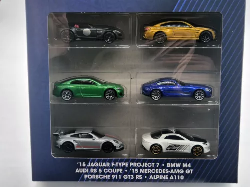 Hot Wheels 6-piece set - Jaguar F-Type Project 7 / BMW M4 / Audi RS 5 Coupe / Mercedes AMG GT / Porsche 911 GT3 RS / Alpine A110 - Hotwheels - 1:64