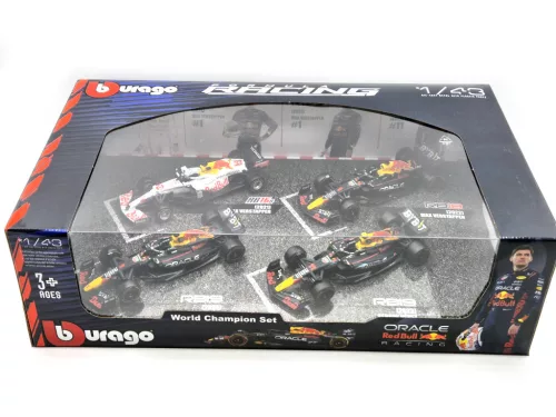 Red Bull F1 set - 2023 RB19 Max Verstappen - 2023 RB19 Sergio Perez (Miami) - 2022 RB18 Max Verstappen - 2021 RB16B Max Verstappen (Turkish GP) - Bburago -1:43