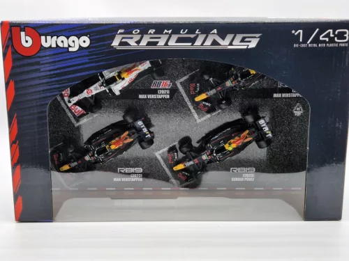 Red Bull F1 set - 2023 RB19 Max Verstappen - 2023 RB19 Sergio Perez (Miami) - 2022 RB18 Max Verstappen - 2021 RB16B Max Verstappen (Turkish GP) - Bburago -1:43