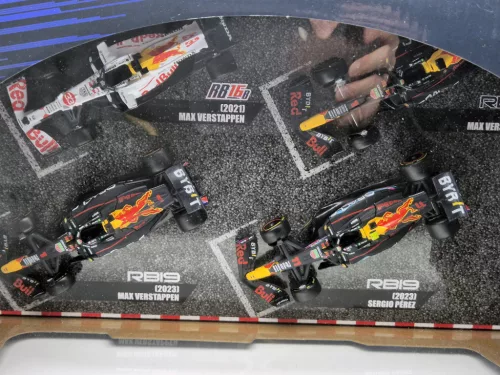 Red Bull F1 set - 2023 RB19 Max Verstappen - 2023 RB19 Sergio Perez (Miami) - 2022 RB18 Max Verstappen - 2021 RB16B Max Verstappen (Turkish GP) - Bburago -1:43