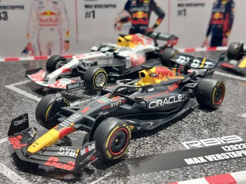 Red Bull F1 set - 2023 RB19 Max Verstappen - 2023 RB19 Sergio Perez (Miami) - 2022 RB18 Max Verstappen - 2021 RB16B Max Verstappen (Turkish GP) - Bburago -1:43