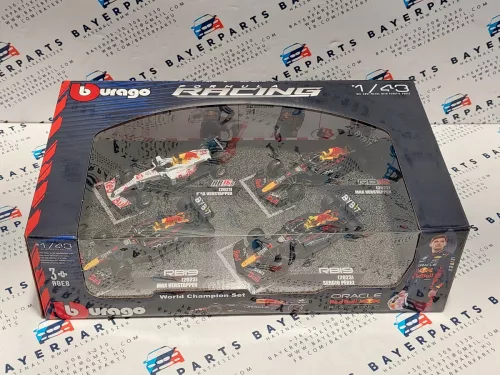 Red Bull F1 set - 2023 RB19 Max Verstappen - 2023 RB19 Sergio Perez (Miami) - 2022 RB18 Max Verstappen - 2021 RB16B Max Verstappen (Turkish GP) - Bburago -1:43