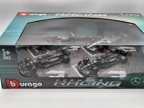 Mercedes GP F1 set - 2023 W14 Lewis Hamilton - 2023 W14 George Russell - 2022 W13 Lewis Hamilton - 2021 W12 Lewis Hamilton - Bburago - 1:43