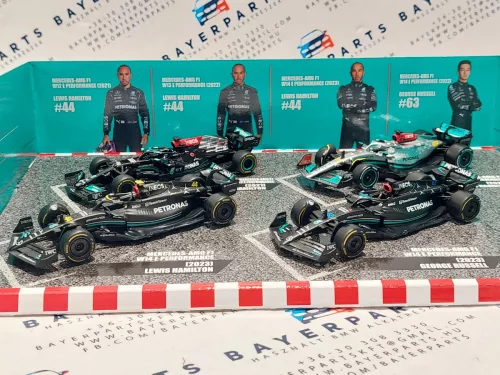 Mercedes GP F1 set - 2023 W14 Lewis Hamilton - 2023 W14 George Russell - 2022 W13 Lewis Hamilton - 2021 W12 Lewis Hamilton - Bburago - 1:43