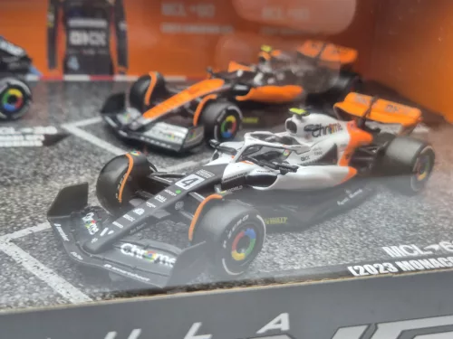 McLaren F1 set - #4 Lando Norris - 2023 British GP - 2023 Singapore GP - 2023 Monaco GP - 2022 Abu Dhabi - Bburago - 1:43