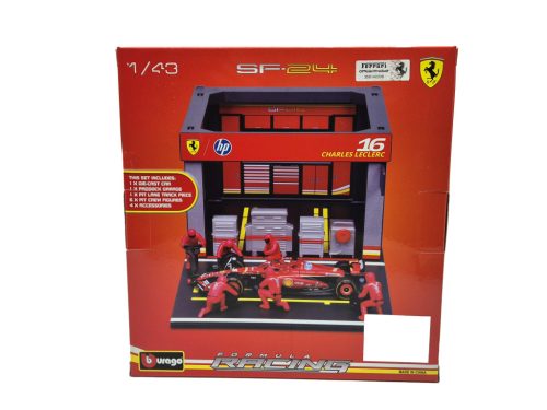 Ferrari Pit Stop - box diorama - SF-24 F1 #16 (2024) - Charles Leclerc - with mechanics - Bburago - 1:43