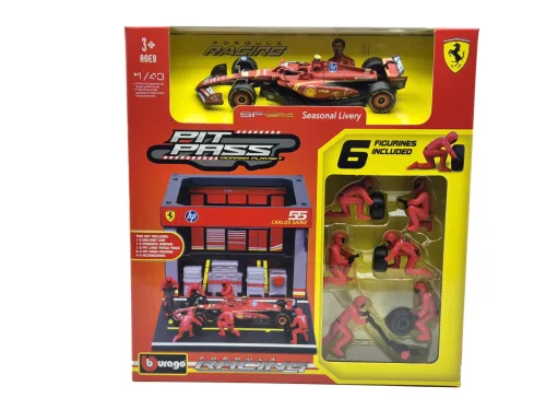 Ferrari Pit Stop - box diorama - SF-24 F1 #55 (2024) - Carlos Sainz - with mechanics - Bburago - 1:43