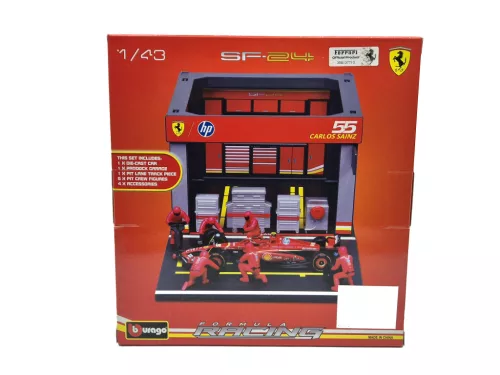 Ferrari Pit Stop - box diorama - SF-24 F1 #55 (2024) - Carlos Sainz - with mechanics - Bburago - 1:43