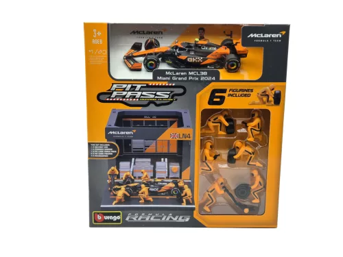 McLaren Pit Stop - box diorama - MCL38 F1 #4 (2024) - Lando Norris - with mechanics - Bburago - 1:43