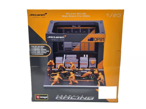 McLaren Pit Stop - box diorama - MCL38 F1 #81 (2024) - Oscar Piastri - with mechanics - Bburago - 1:43
