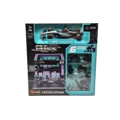   Mercedes Pit Stop - box diorama - W14 EQ Performance F1 #44 (2023) - Lewis Hamilton - with mechanics - Bburago - 1:43
