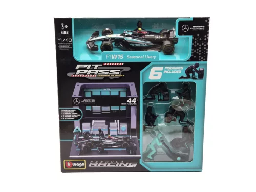 Mercedes Pit Stop - box diorama - W14 EQ Performance F1 #44 (2023) - Lewis Hamilton - with mechanics - Bburago - 1:43
