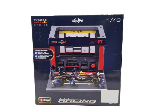 Red Bull Pit Stop - pit lane diorama - RB20 F1 #11 (2023) - Sergio Perez - with mechanics - Bburago - 1:43 1/43 model car 