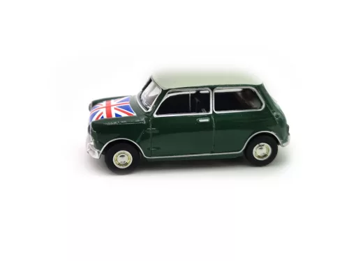 Mini Cooper S (1964) - almond green, flag livery - Norev - 1:54 model car