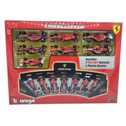   Ferrari F1 7-piece set - SF-24 Charles Leclerc (2024) - F10 Fernando Alonso (2010) - SF71H Kimi Räikkönen (2018) - SF90 Sebastian Vettel (2019) - SF1000 Sebastian Vettel (2020) - F1-75 Charles Leclerc (2022) - SF-23 Carlos Sainz (2023) - Bburago - 1: