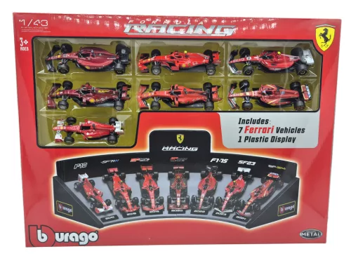Ferrari F1 7-piece set - SF-24 Charles Leclerc (2024) - F10 Fernando Alonso (2010) - SF71H Kimi Räikkönen (2018) - SF90 Sebastian Vettel (2019) - SF1000 Sebastian Vettel (2020) - F1-75 Charles Leclerc (2022) - SF-23 Carlos Sainz (2023) - Bburago - 1: