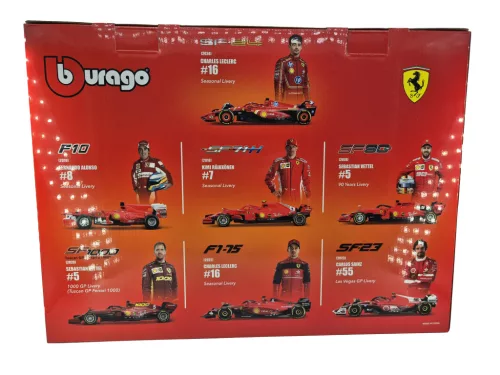 Ferrari F1 7-piece set - SF-24 Charles Leclerc (2024) - F10 Fernando Alonso (2010) - SF71H Kimi Räikkönen (2018) - SF90 Sebastian Vettel (2019) - SF1000 Sebastian Vettel (2020) - F1-75 Charles Leclerc (2022) - SF-23 Carlos Sainz (2023) - Bburago - 1: